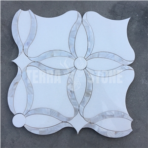 Thassos White Marble Pearl Shell Tile Waterjet Mosaics
