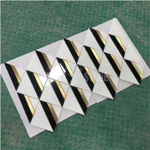Triangle Design White Black With Brass Marble Mosaic Tile