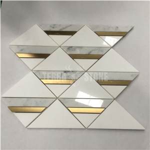 Triangle Design White Black With Brass Marble Mosaic Tile