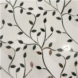 Water Jet Marble With Mirror Glass Leaves Bathroom Mosaic