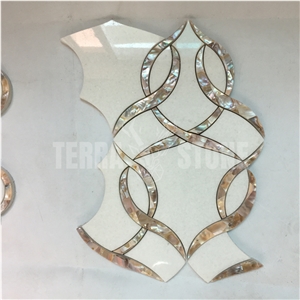 Water Jet Mosaic Ribbon Brown Shell White Marble Tile