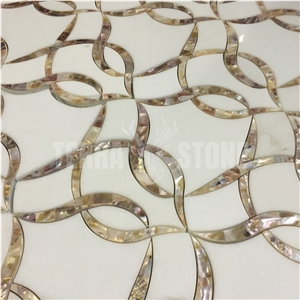 Water Jet Mosaic Ribbon Brown Shell White Marble Tile