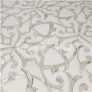 Water Jet Mosaic White Marble Pearl Shell Floral Pattern