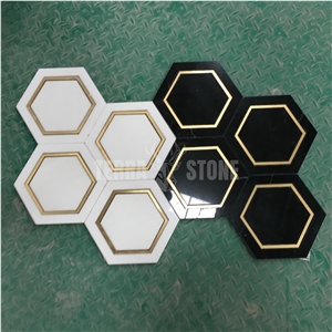 Waterjet 4 Inch Hexagon Marble And Brass Mosaic Tile