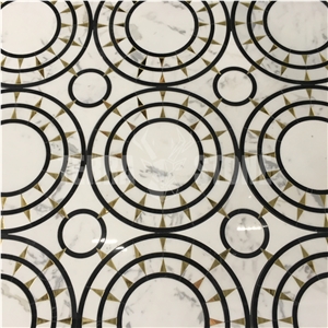 Waterjet Big Round Calacatta Marble With Glass Bathroom Tile