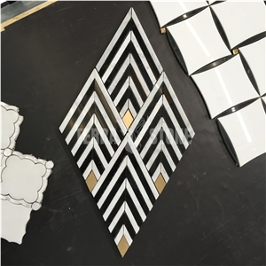Waterjet Black And White Mable W/ Brass Stripe Mosaic Tiles