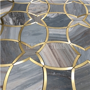 Waterjet Blue Sands Marble And Brass Floor Mosaic Tiles