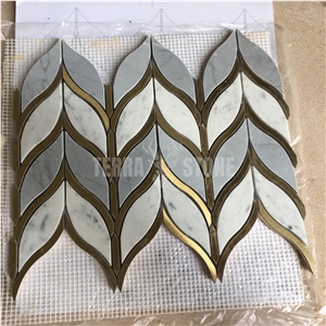 Waterjet Carrara And Bardiglio Marble With Brass Mosaic Tile