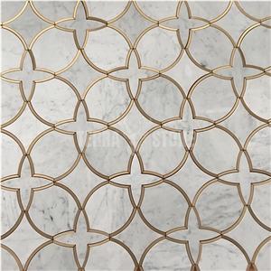 Waterjet Carrara White Marble Mosaic Brass Inlay Tile