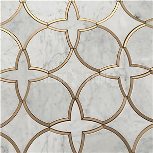 Waterjet Carrara White Marble Mosaic Brass Inlay Tile
