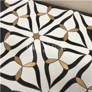 Waterjet Flower Pattern Black White Marble Brass Mosaic Tile