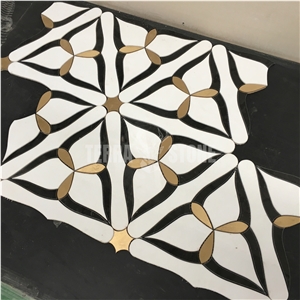 Waterjet Flower Pattern Black White Marble Brass Mosaic Tile