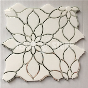 Waterjet Glass Mix Marble Stone Floral Pattern Mosaic Tile