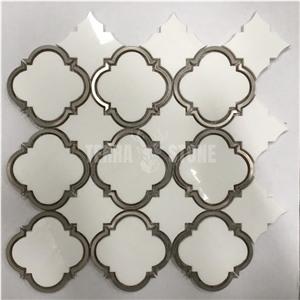 Waterjet Lantern White Marble W/ Stainless Steel Mosaic Tile