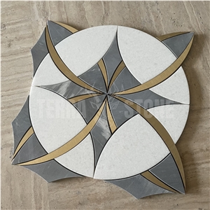 Waterjet Marble Mosaic Bianco Carrara Tile With Brass Inlay