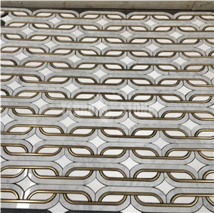 Waterjet Marble Mosaic Carrara White With Gold Metal Tile