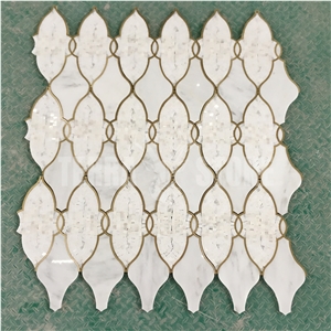 Waterjet Marble Mosaic Lantern Design Brass Inlay Wall Tile