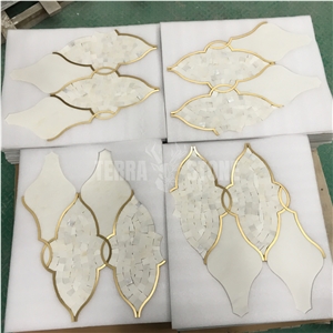 Waterjet Marble Mosaic Lantern Design Golden Metal Tiles