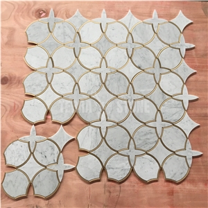 Waterjet Marble Mosaic Natural Stone With Golden Metal Tile