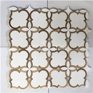 Waterjet Marble Mosaic Pure White Thassos Brass Flower Tile