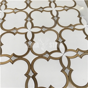 Waterjet Marble Mosaic Pure White Thassos Brass Flower Tile