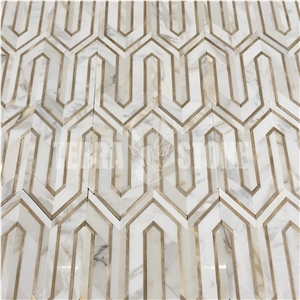 Waterjet Marble Mosaic Stone With Gold Metal Bathroom Tile
