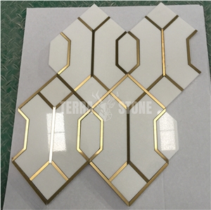 Waterjet Marble Mosaic Thassos And Brass Geometry Tiles