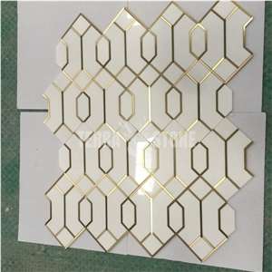 Waterjet Marble Mosaic Thassos And Brass Geometry Tiles
