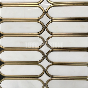 Waterjet Marble Mosaic Thassos White Oval Gold Metal Tile