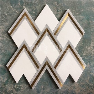 Waterjet Marble Mosaic Thassos With Brass Triangle Tile