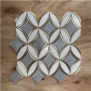 Waterjet Marble Mosaic Tiles With Brass Bardiglio Gray Stone