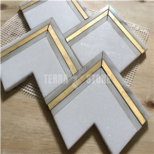 Waterjet Marble Mosaic Triangle Pattern With Gold Metal Tile