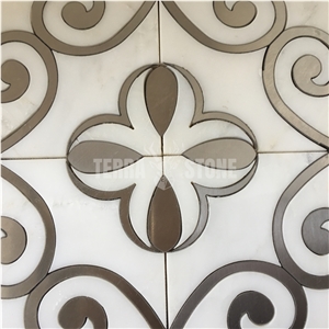 Waterjet Marble Mosaic With Stainless Steel Floral Tile
