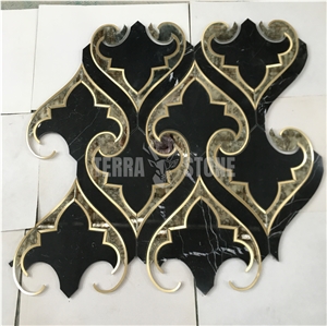 Waterjet Mosaic Black Marble And Antique Mirror Glass Tiles