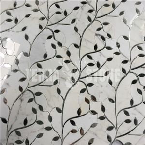 Waterjet Mosaic Calacatta Marble Glass Leaves Pattern Tile