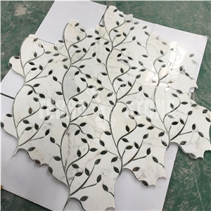 Waterjet Mosaic Calacatta Marble Glass Leaves Pattern Tile