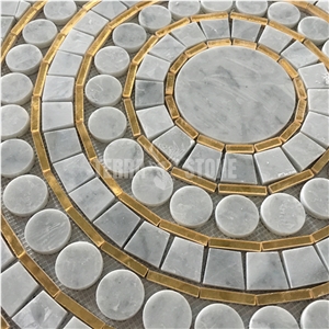 Waterjet Mosaic Carrara White Gold Glass Chips Round Tile