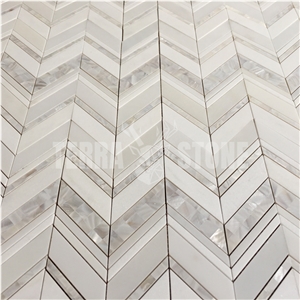 Waterjet Mosaic Chevron Design White Marble Pearl Shell Tile