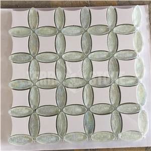Waterjet Mosaic Crystal Glass And White Marble Kitchen Tiles