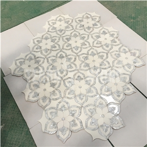 Waterjet Mosaic Flower Design Marble Pearl Shell Tile