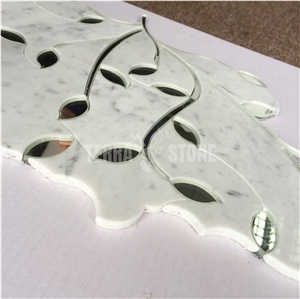 Waterjet Mosaic Leaf Pattern Carrara White Marble Glass Tile