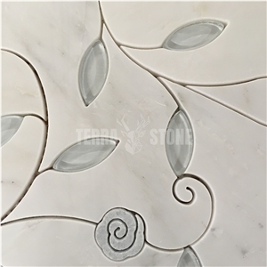 Waterjet Mosaic Marble With Glass Leaves Floral Pattern Tile