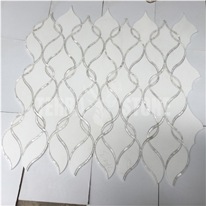 Waterjet Mosaic Ribbon White Marble Shell Backsplash Tile