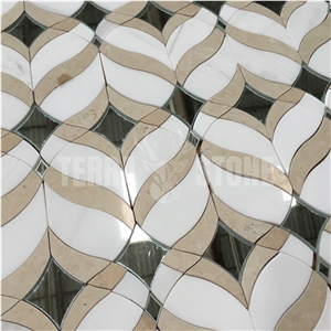 Waterjet Mosaic Thassos White Crema Marfil Marble Glass Tile