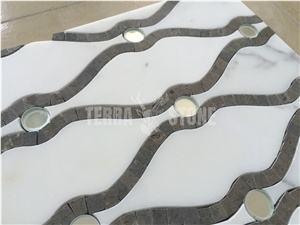 Waterjet Mosaic Wave Pattern White Marble With Glass Tiles