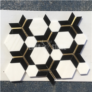 Waterjet Thassos White Marble Hexagon Golden Metal Mosaic