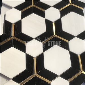Waterjet Thassos White Marble Hexagon Golden Metal Mosaic