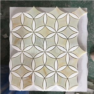 Waterjet Thassos White Marble With Glass Floral Design Tile