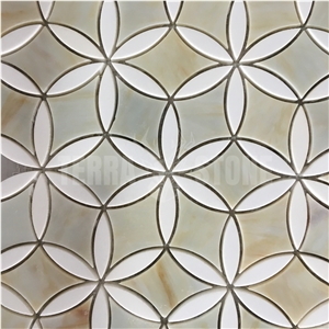 Waterjet Thassos White Marble With Glass Floral Design Tile
