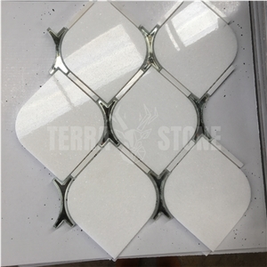 Waterjet Thassos White Marble With Mirror Glass Mosaic Tile